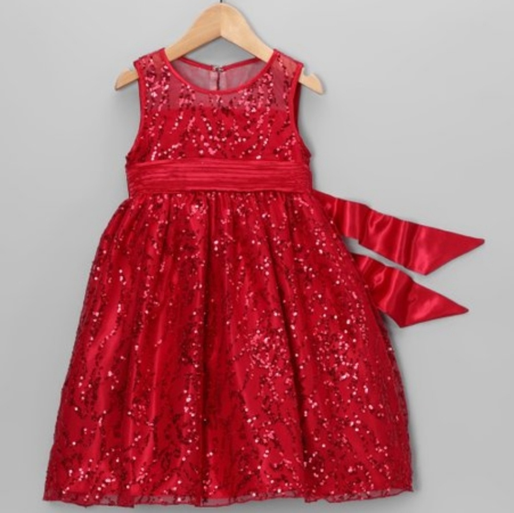 Red sequin holiday dress with satin waist tie